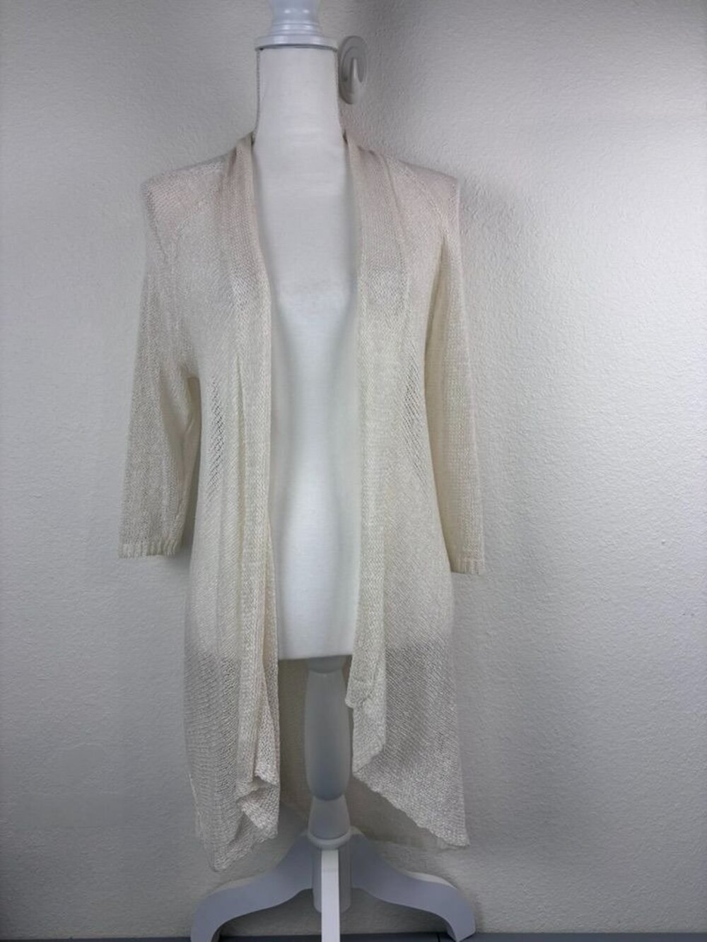 Eileen Fisher large cream linen blend knit open front duster cardigan sweater